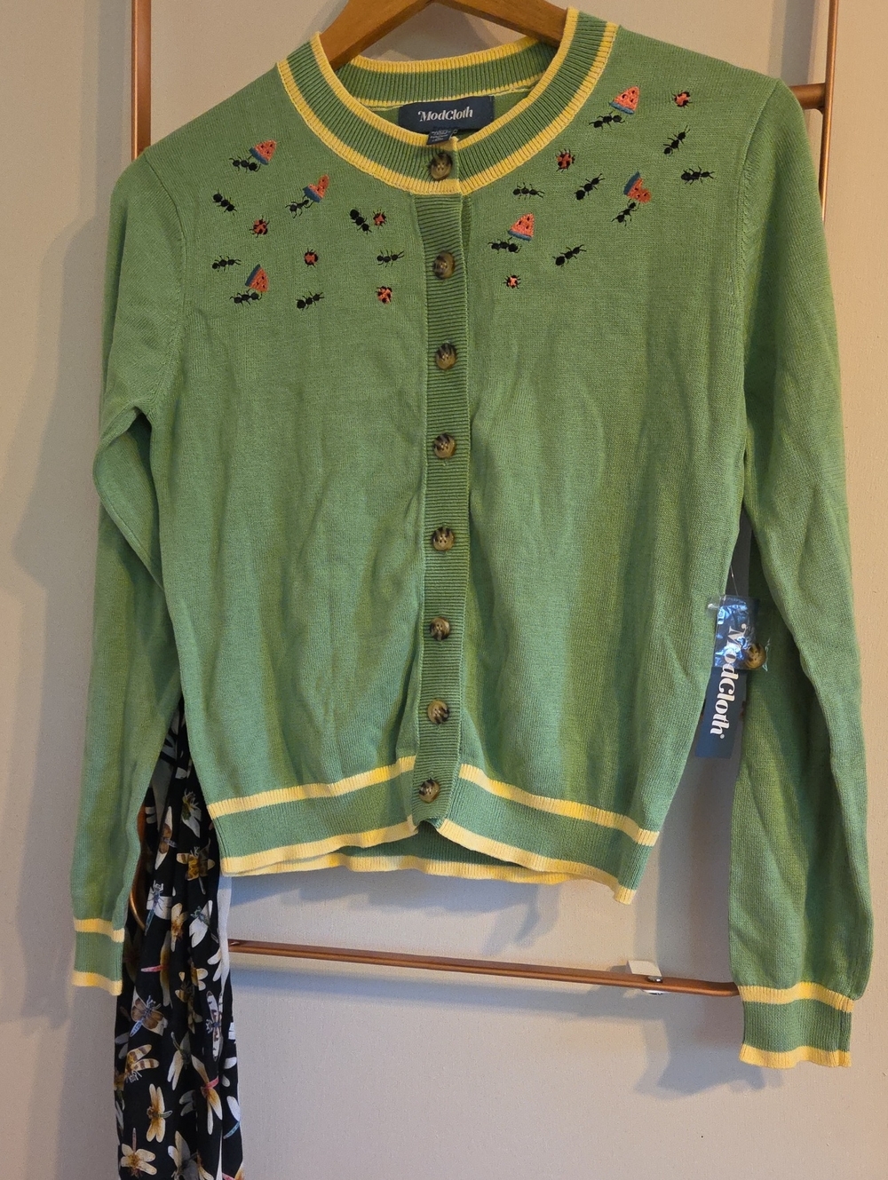 ModCloth Light Green Embroidered Ants & Watermelon Cardigan with Yellow Trim